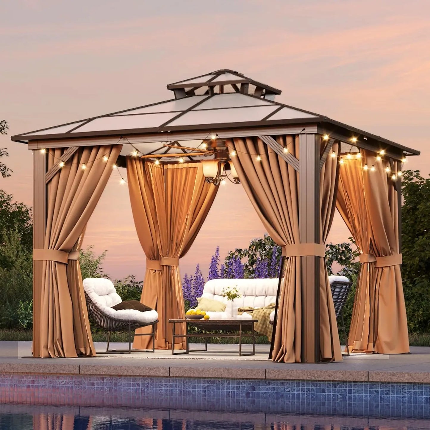 12'x16' Hardtop Gazebo, Aluminum Frame Permanent Pavilion with Netting and Curtains, Outdoor Polycarbonate Double Roof