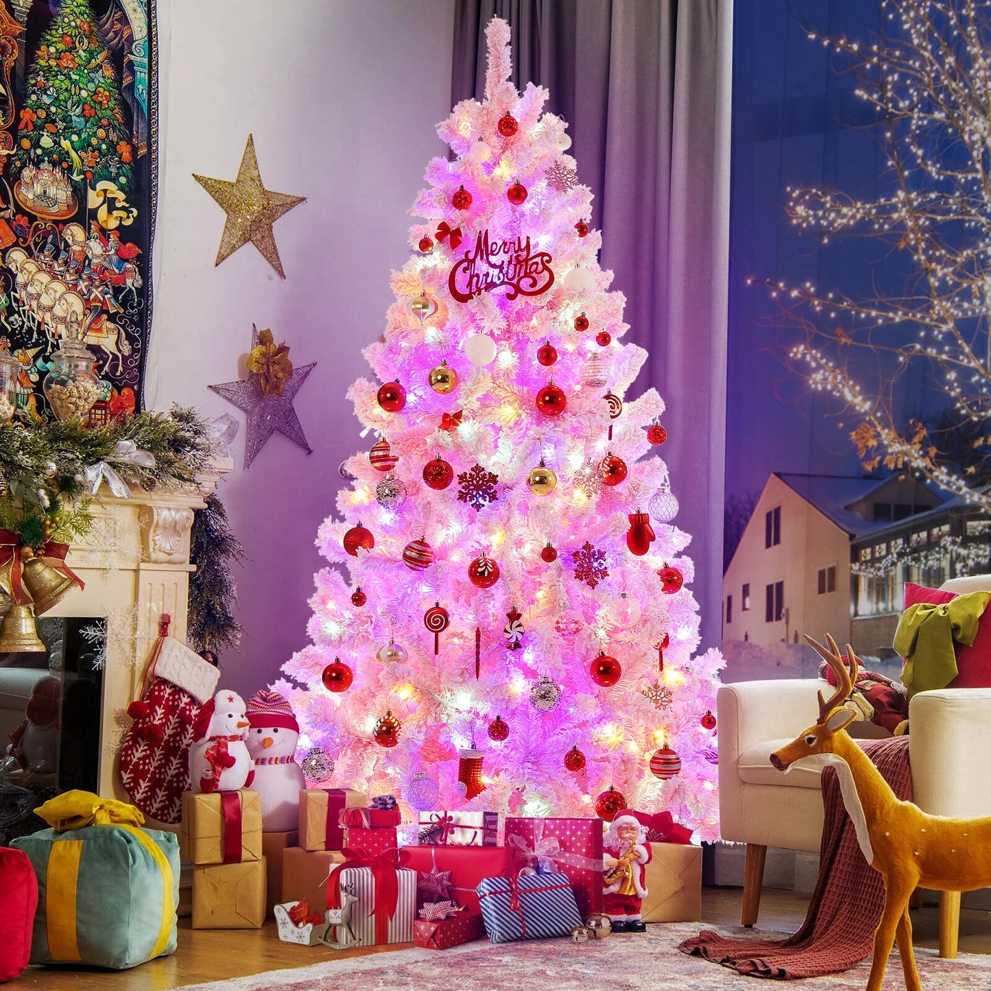 6Ft Pre-lit Pink Artificial Christmas Tree, Snow Flocked Faux Xmas Pine Tree with 250 Multi Color LED Lights, 751 Branch Tips