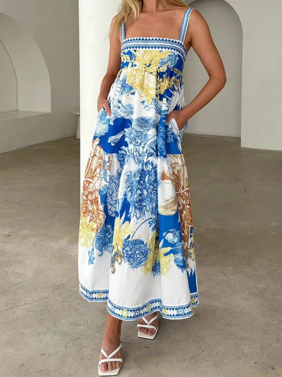 Women s Boho Maxi Dress Floral Print Sleeveless V-Neck Backless Tie-Dye Beach Dress Summer Casual Long Dress Fashion