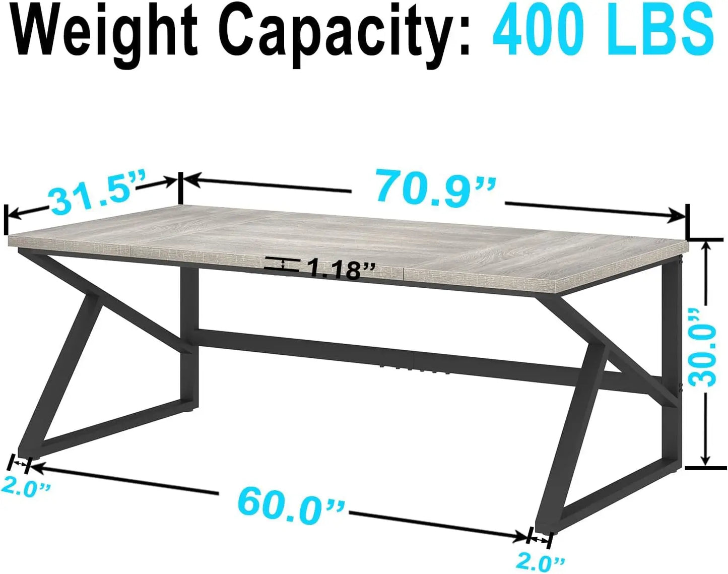 70 Inch Long Grey Desk, Large Home Office Computer Desk for 2 People, Industrial Wood and Metal Executive Work Writing Study