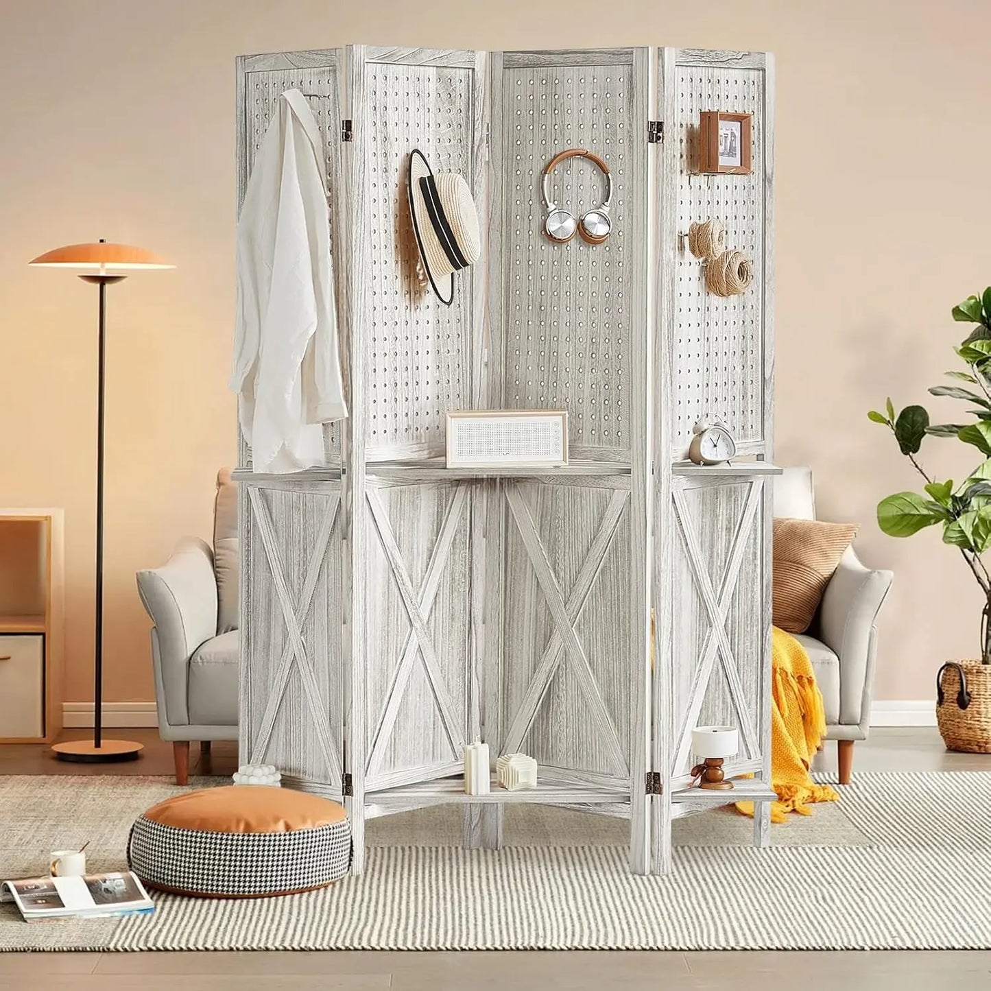 Room Divider with Shelves Folding Wood Carved Screen with Double Hinges for Home Office Bedroom Hotel Decoration 4 Panels