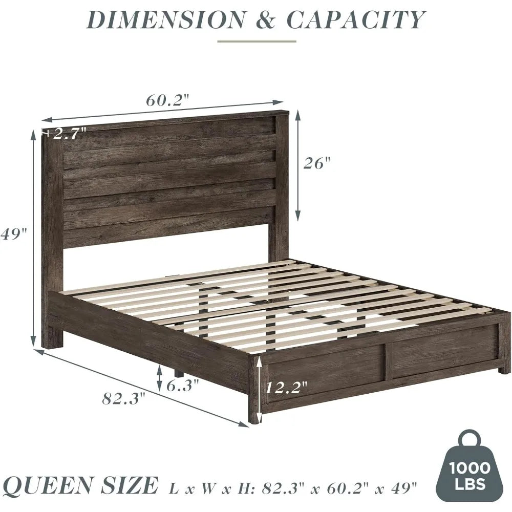 Queen Size Platform Bed Frame with 49" Headboard, Farmhouse Bed Frame with Wood Slat Support/No Box Spring Needed/Easy Assembly