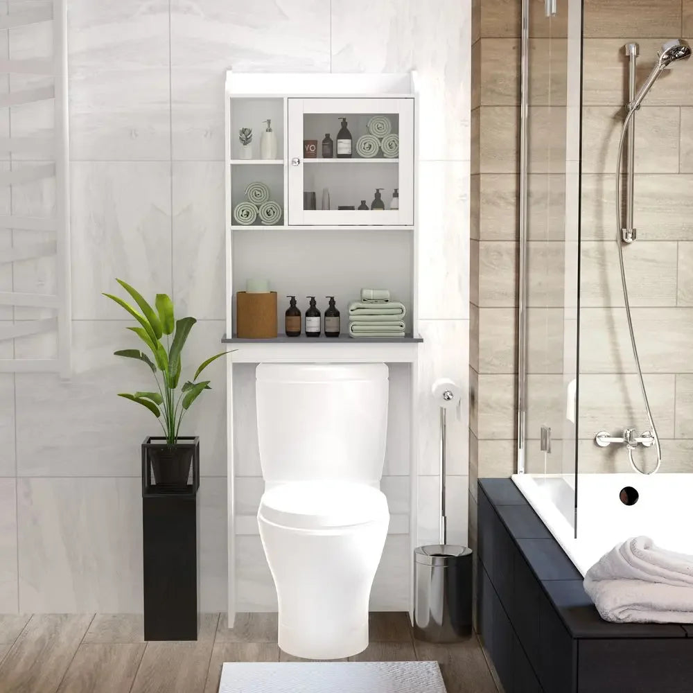 Modern Over The Toilet Space Saver Organization Wood Storage Cabinet for Home, Bathroom Shelves