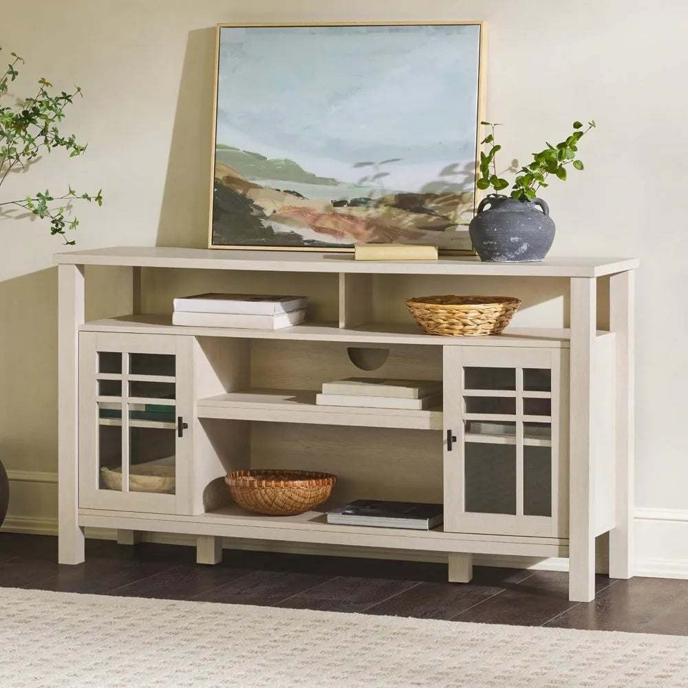 Transitional-Style Windowpane Glass Door Storage Sideboard, 58 Inch, Coastal Oak