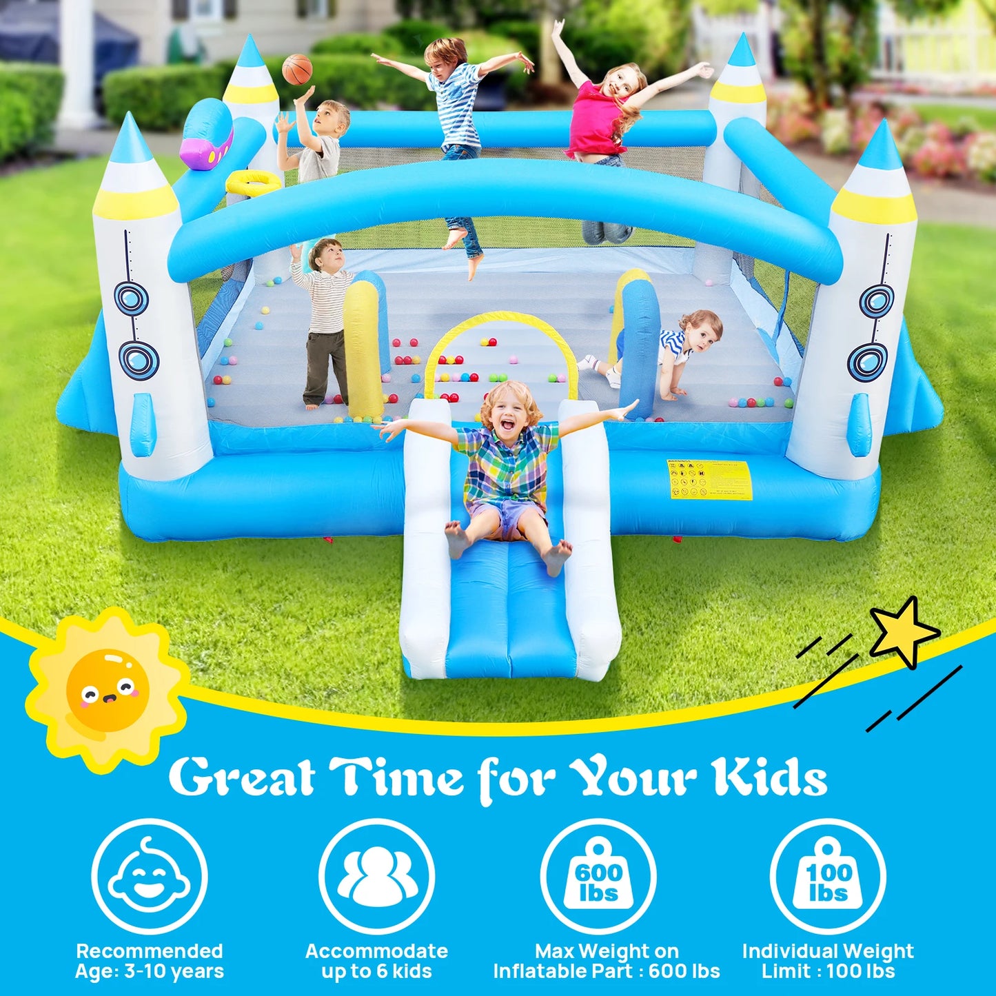 Kids Inflatable Bounce House With Long Slide Bouncing Area Basketball Hoop Heavy Duty Oxford Fabric Family Backyard Bouncy Castl