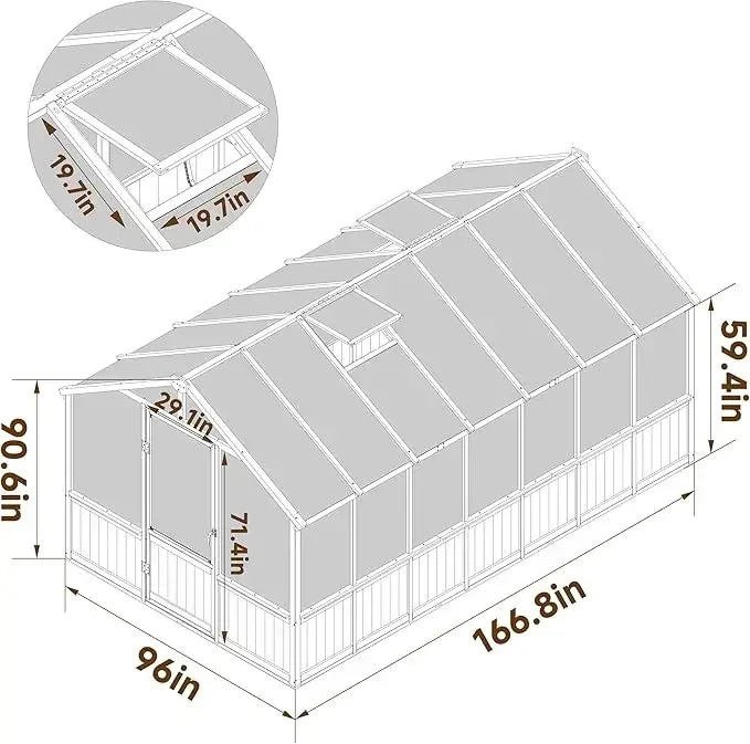 6x8 FT Greenhouse Kit,Adjustable Roof Vent 6MM Thick Polycarbonate Panel Wooden Walk-in Green House with Lockable Door