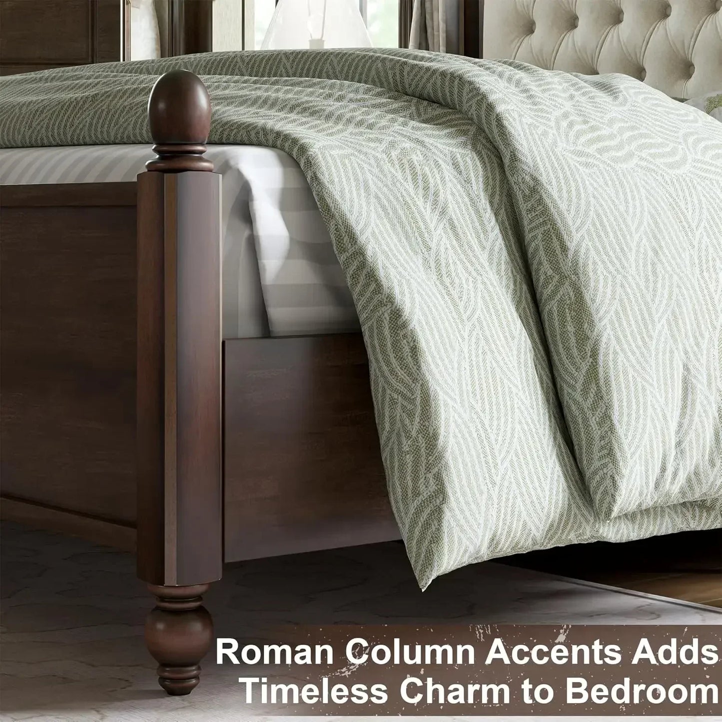 King Size Solid Wood Bed Frame, Transitional Platform Bed with 52.5" Upholstered Tufted Headboard, Rubberwood