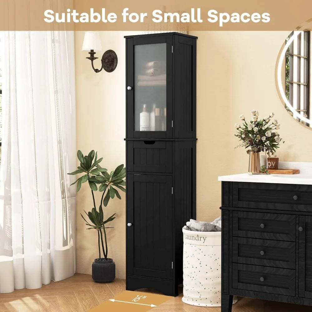 all Bathroom Storage Cabinet, Slim Freestanding Tower w/ 2 Doors & 1 Drawer, Narrow Floor Cabinet w/Adjustable