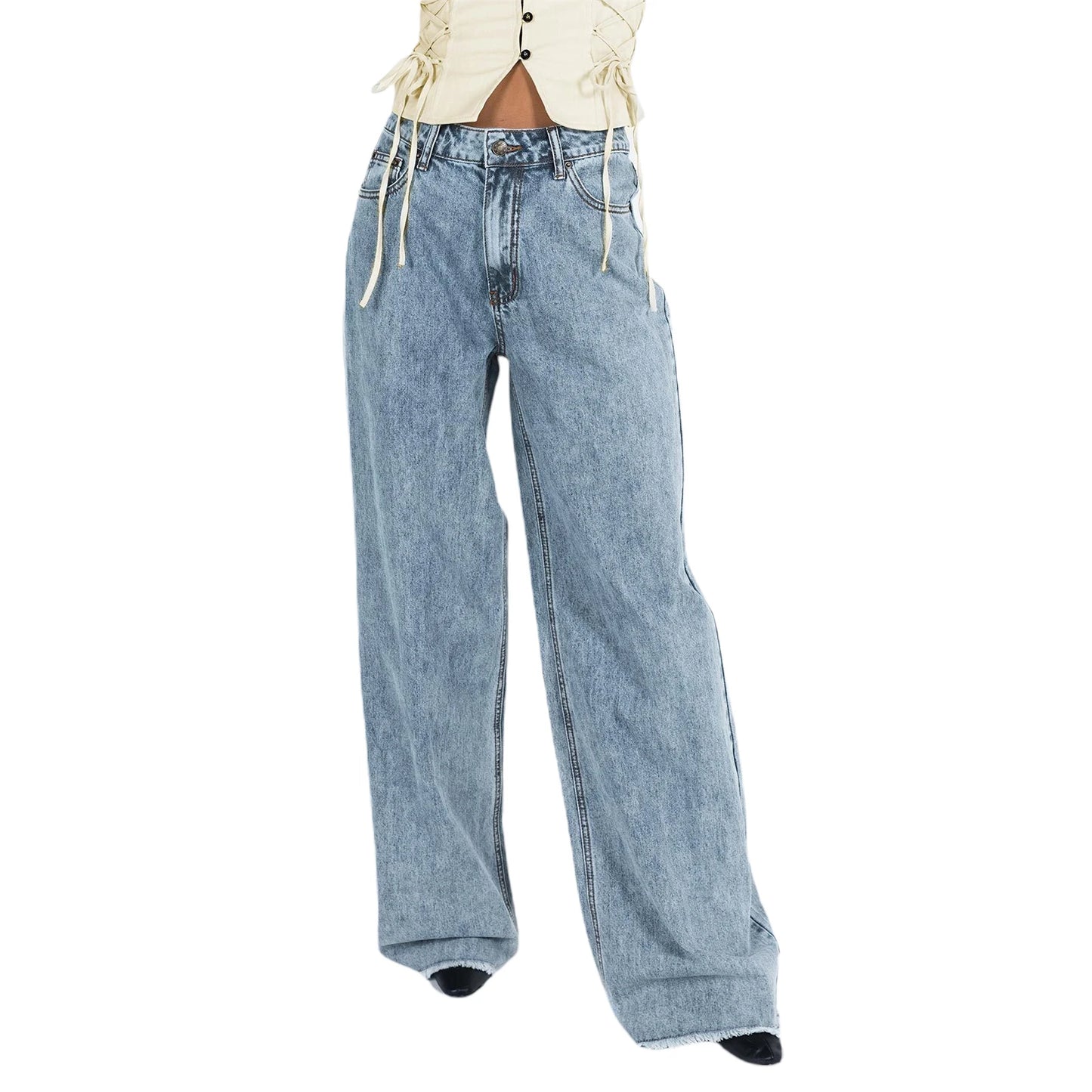 Women Wide Leg Jeans Trousers Solid Color Elastic Casual Loose Pants for Work Office Streetwear