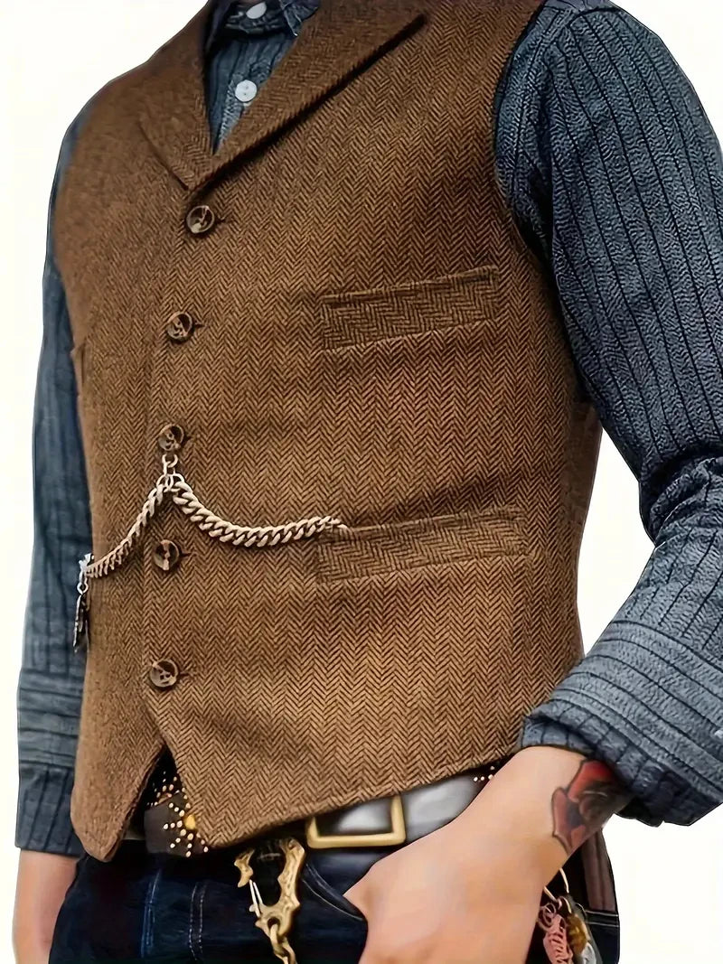 Classic Men's Vest Wedding Wool Tweed Business Waistcoat Jacket Casual Slim Fit Steampunk Vests For Groosmen Man Wedding