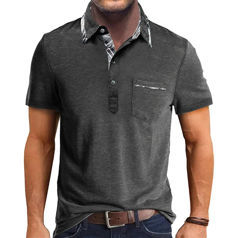 Men Short Sleeve T-Shirts Contrast Plaid Turn-Down Collar Buttons Business Casual Tops Summer Fashion Fit Shirts