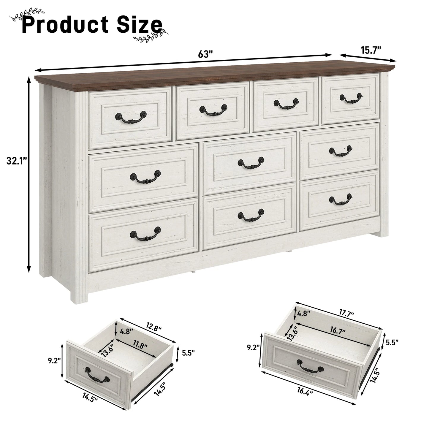Farmhouse 10 Drawer Dresser for Bedroom, 63” Wood Chest of Drawers with Rustic Handles, Wide Closet Dressers Organizer