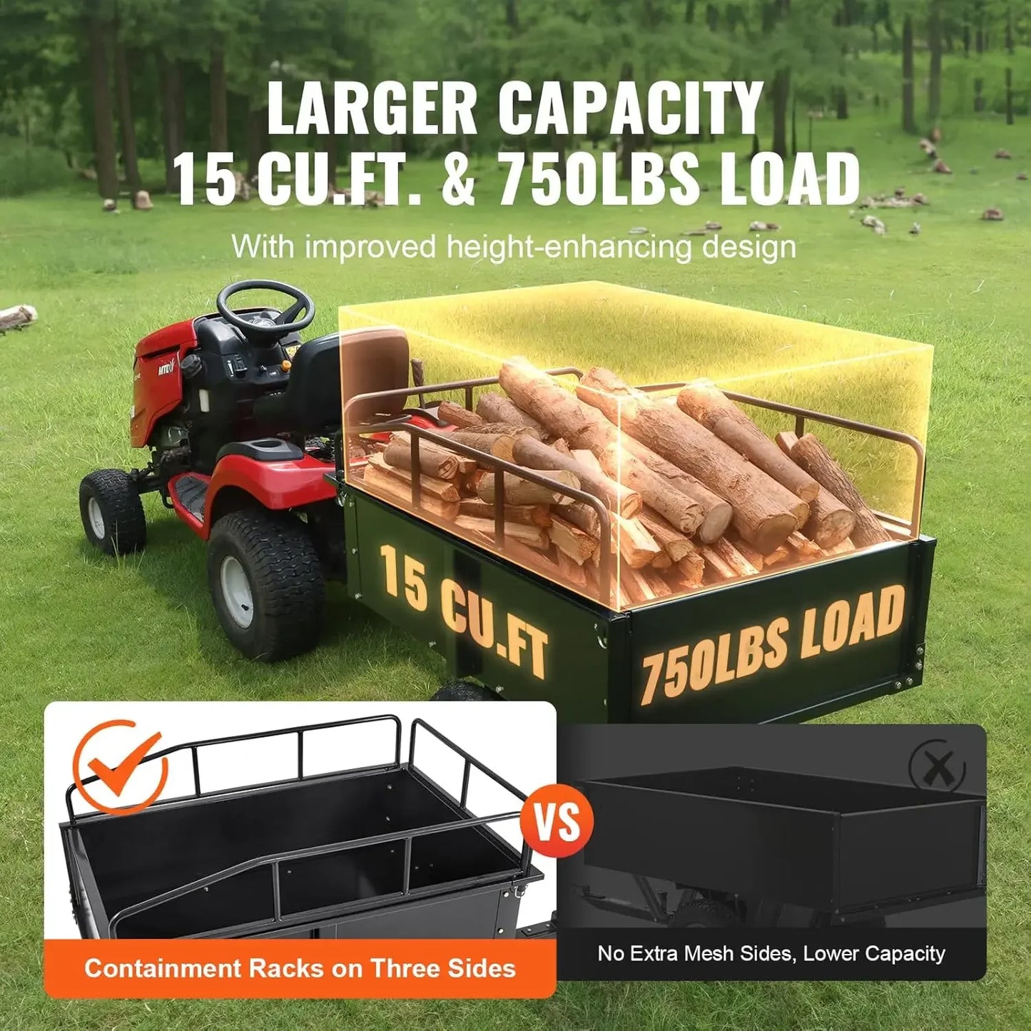 Heavy Duty ATV Trailer Steel Dump Cart, 750-Pound 15 Cubic Feet, Garden Utility Trailer with Removable Sides for Riding Lawn