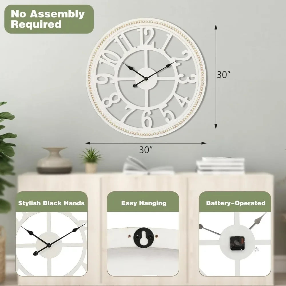 Farmhouse Wall Clock 30 Inch, Large Wall Clock with Boho Beads, Wooden Silent Wall Clocks Battery Operated Easy Read,