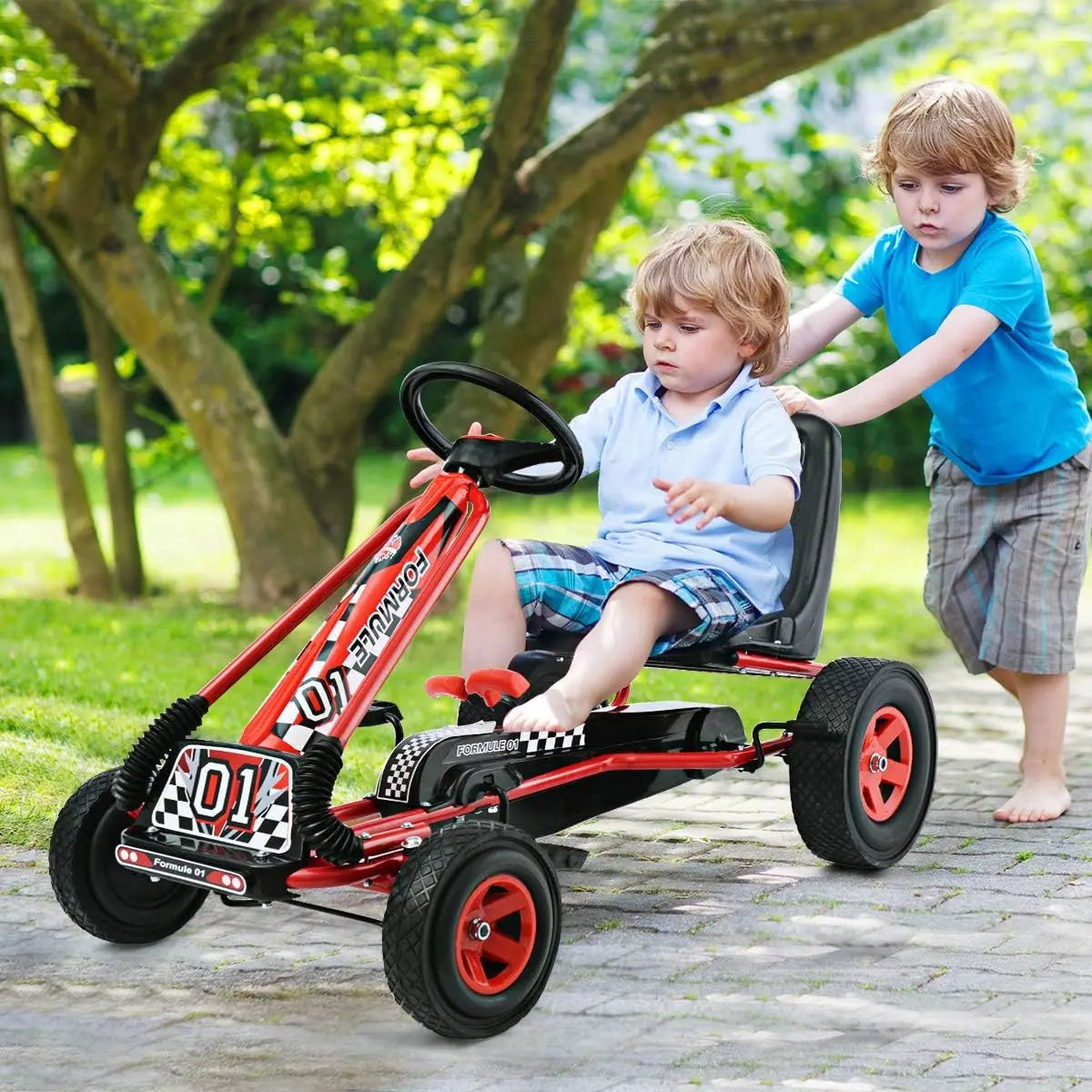 Go Kart for Kids, 4 Wheel Off-Road Pedal Go Cart w/Adjustable Seat, Steering Wheel, 2 Safety Brakes, EVA Rubber Tires