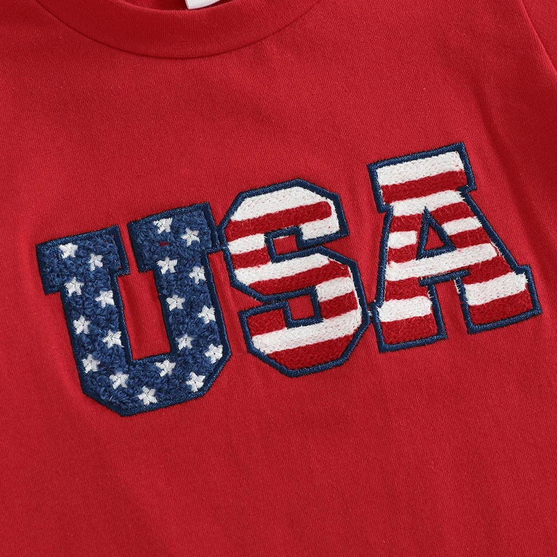 Infant Independence Day Oversized Design with Embroidered Message Round Neck Short Sleeve Baby Outfit for Fourth of July