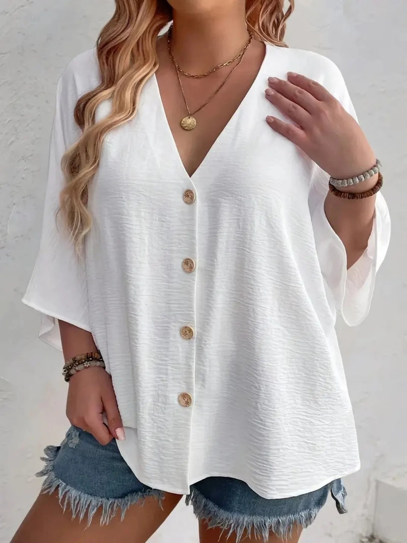 Plus Size Woman Casual T-shirt Solid Color Breathable Spring/summer V-neck Button Travel Wear American Style Female Clothing