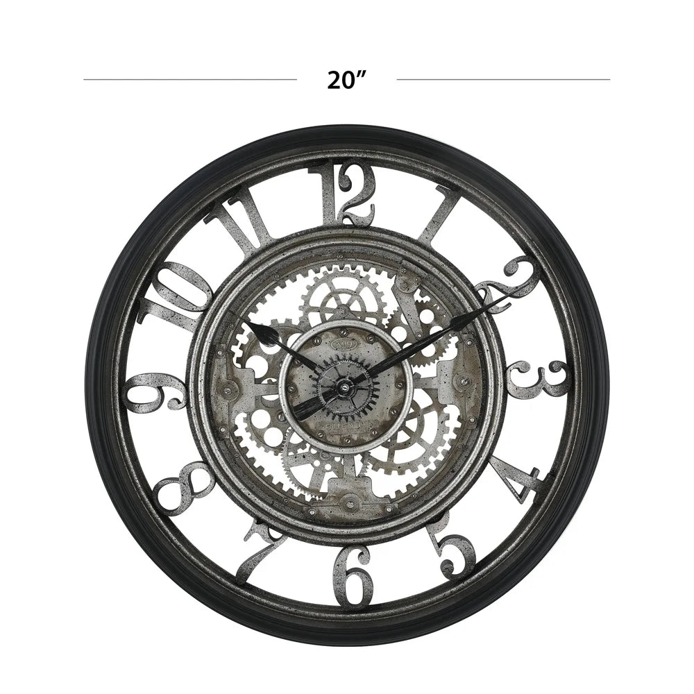 20 Inch Indoor Rustic Metal Arabic Analog Wall Clock with Moving Gears Lightweight Quartz Movement Home Decor Battery Operated