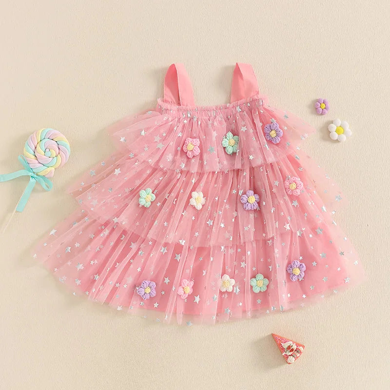 Kids Girls Dress Flower Decor Sequins Star Sleeveless Layered Tulle Casual Dress Toddler Summer Dress