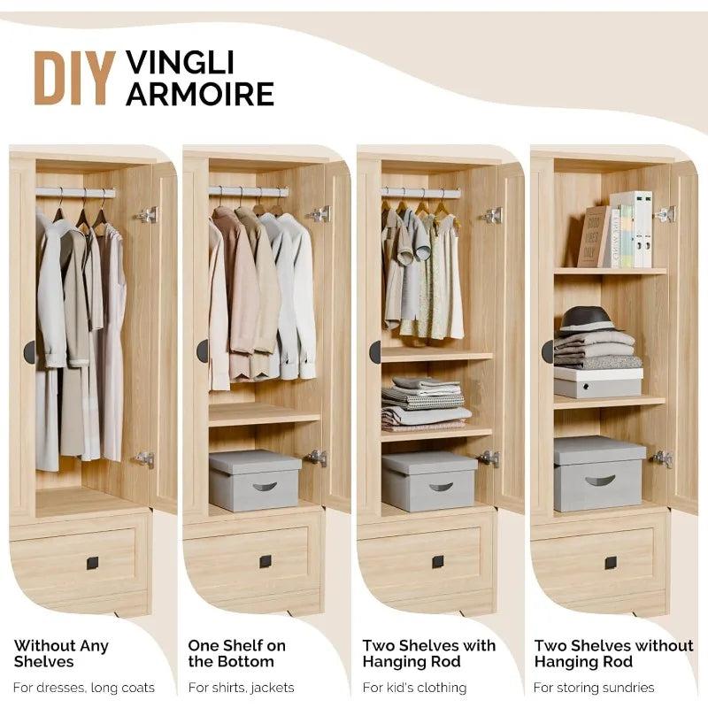 VINGLI Armoire Wardrobe Closet With Doors, Hanging Rod, Shelves and Drawer - Freestanding Cabinet,Dorm - Oak,38"Wx21"Dx65" H