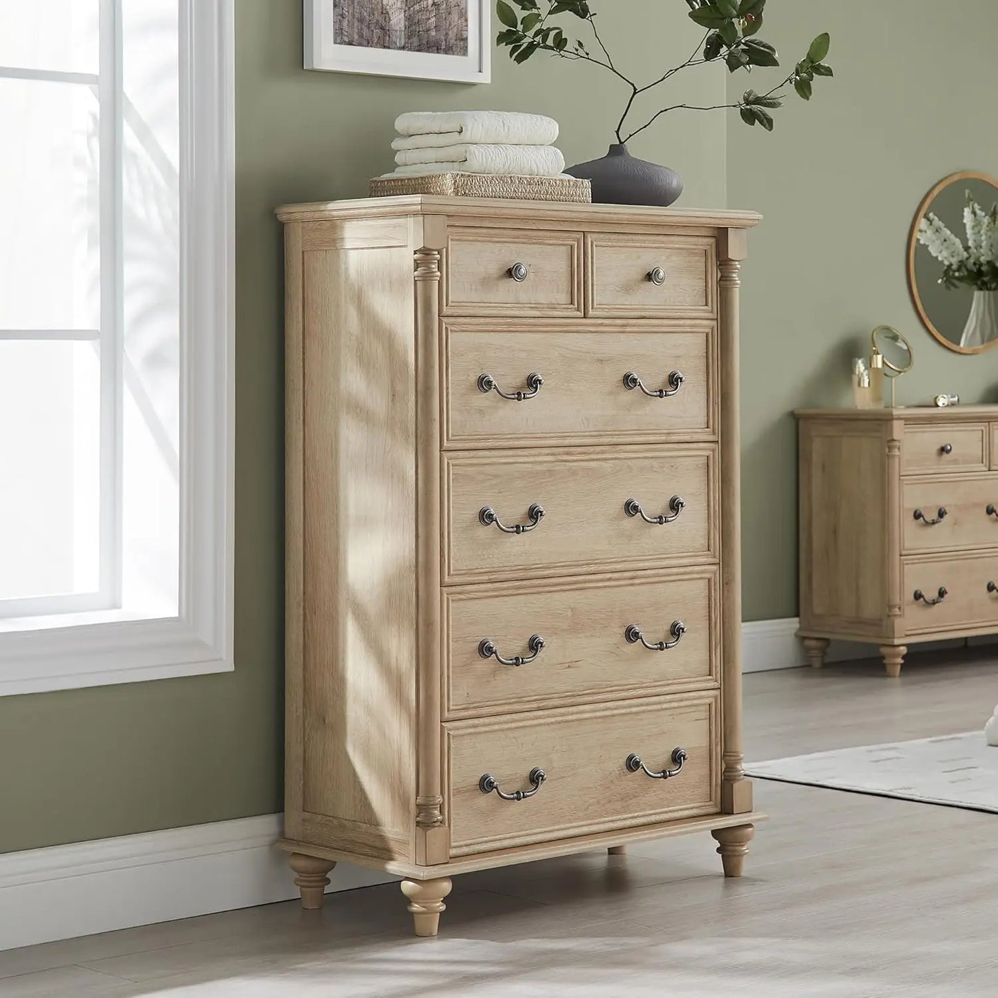 Farmhouse 6 Drawers Dresser Chests for Bedroom w/4 Solid Wood Feet &Column Decor, Tall Wood Rustic Chest of Drawers, Storage