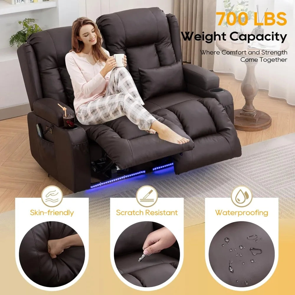 54" Power Loveseat Recliner Sofa, Electric Home Theater Seating with Massage Heat/4 Colors Ambient Lights/USB Port/Side Pocket/