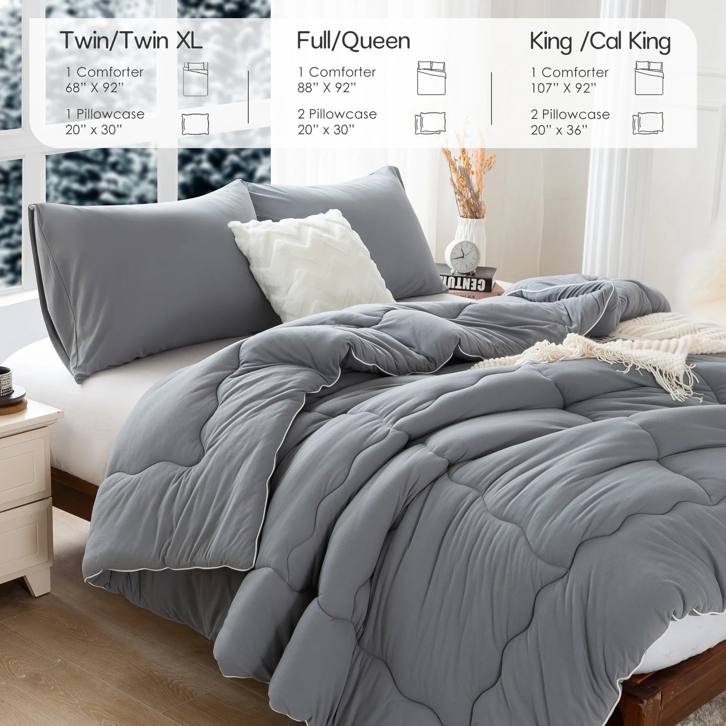 Nice Reversible Ultra-Soft Warm King Size Comforter Set, Cozy Fully Breathable Bedding 1 Down Alternative Quilt and 2 Pillowsham