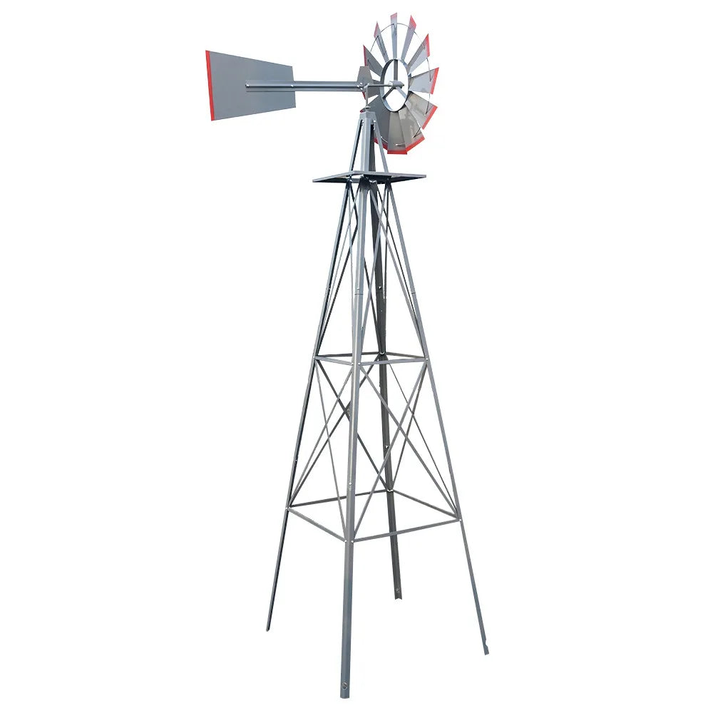 8FT Weather Resistant Yard Garden Windmill Gray & Red Garden Decoration Outdoor Patio Decoration