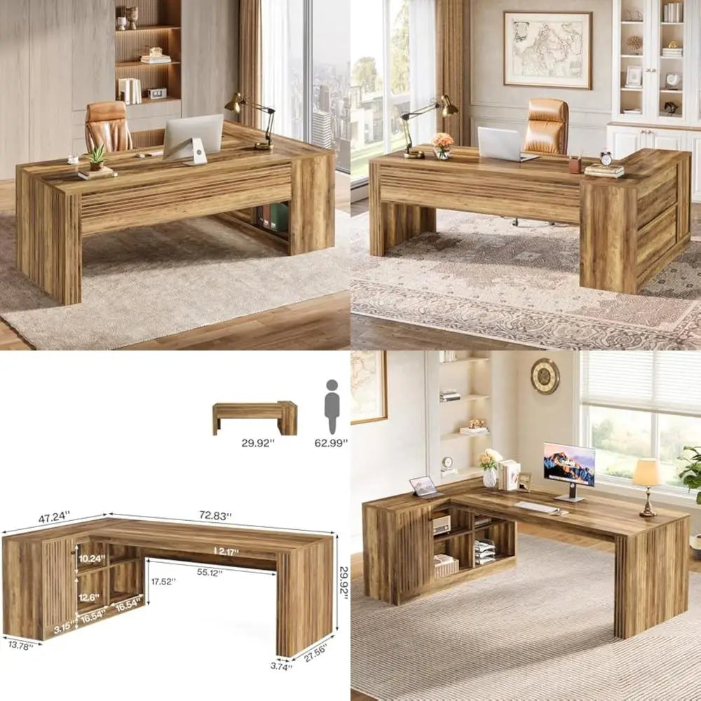 72.8" Large Executive Desk with 47.24" Cabinet, Office Desk with Storage Shelves, Farmhouse Wooden L-Shaped Desk for Home Offic