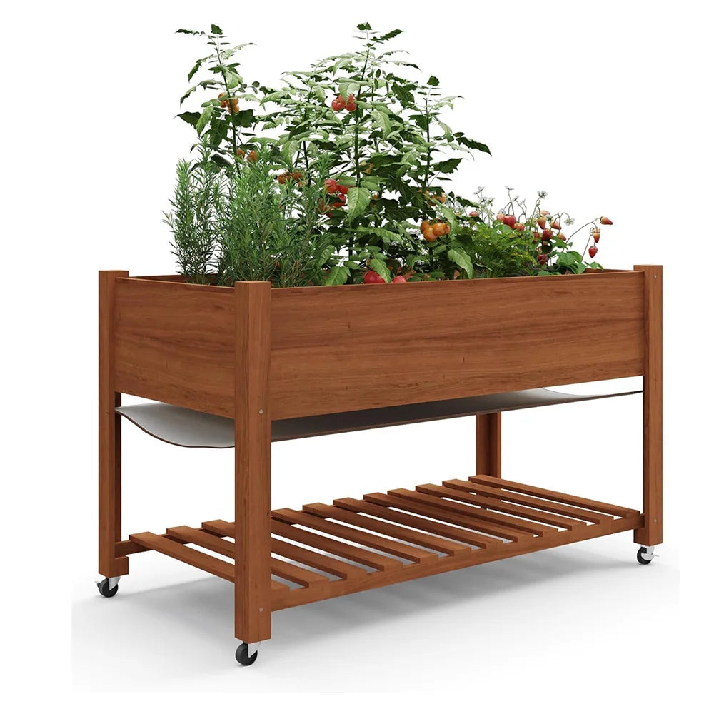 48x24x30inch Raised Garden Bed Mobile Elevated Wood Planter with Lockable Wheels Storage Shelf for Patio Deck Balcony Fruits