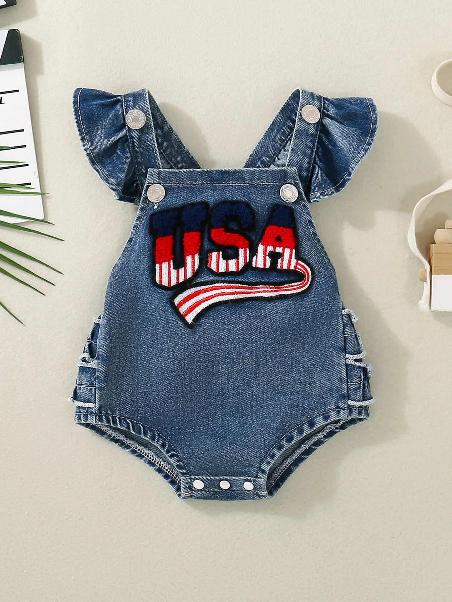 Toddler Boys American Flag Romper Short Sleeve Jumpsuit with Matching Headband Set Independence Day Outfit for Kids