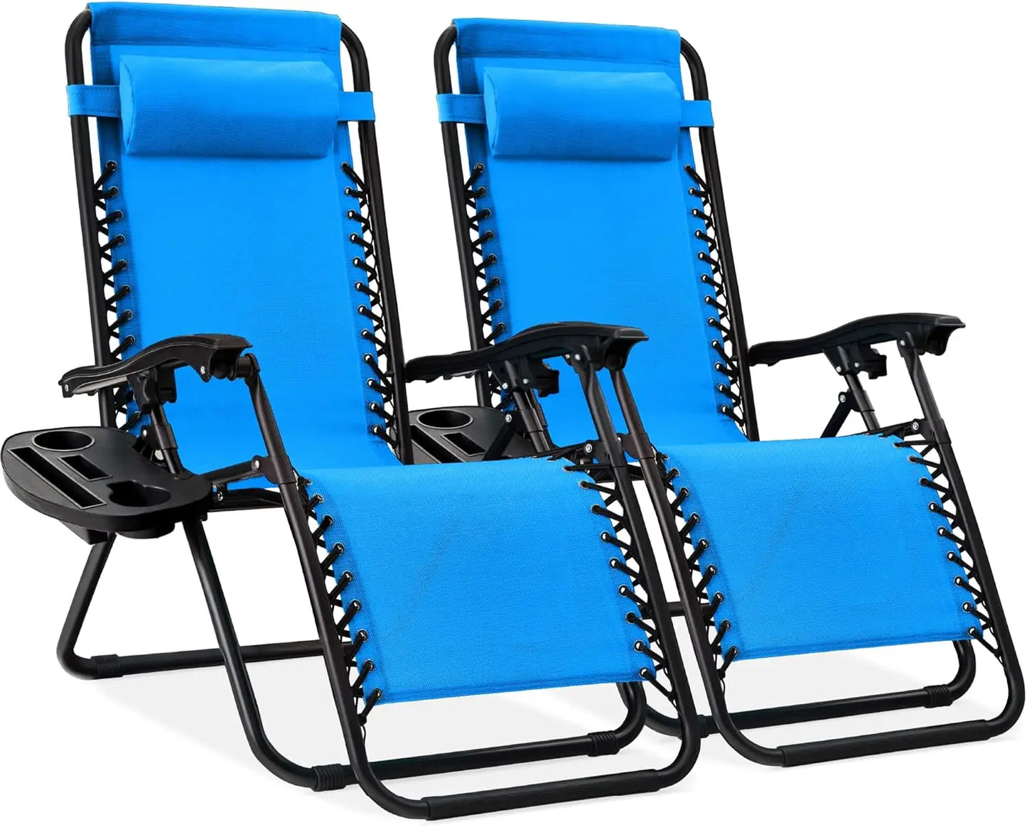 Set of 2 Adjustable Steel Mesh Zero Gravity Lounge Chair Recliners w/Pillows and Cup Holder Trays - Tan Striped