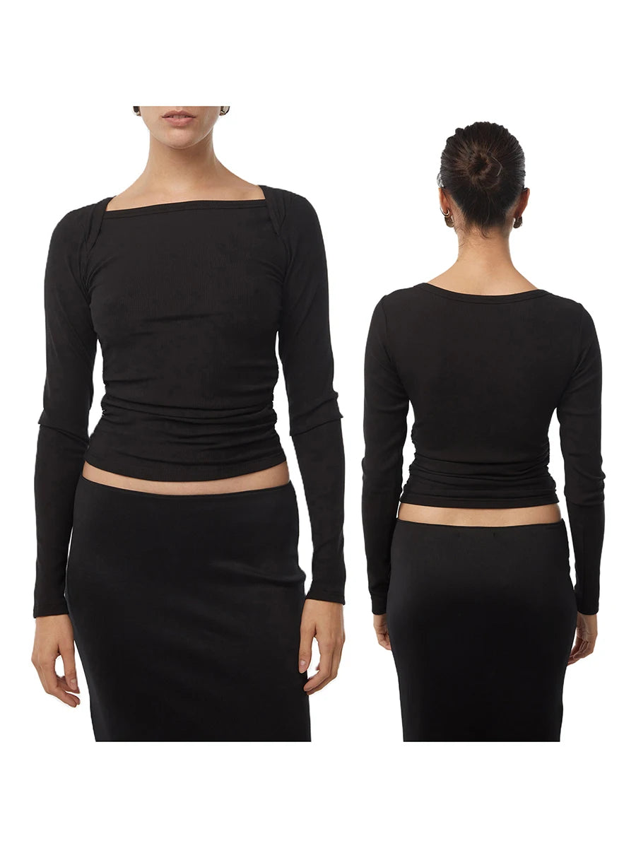 Women Long Sleeve Crop Tops Solid Color Boat-Neck Fit T-Shirts Spring Fall Bottoming Shirts Streetwear