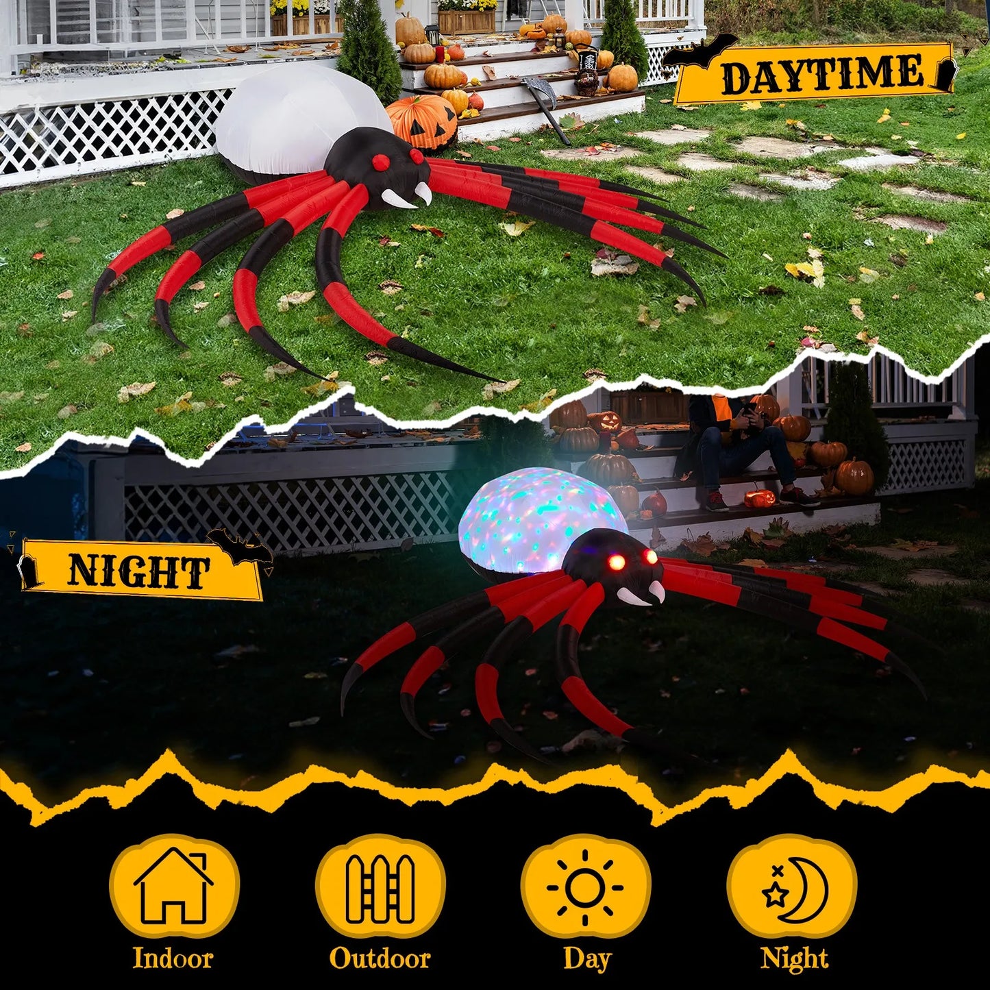 12FT Halloween Inflatables Crawling Spider Outdoor Decorations with Rotating LED