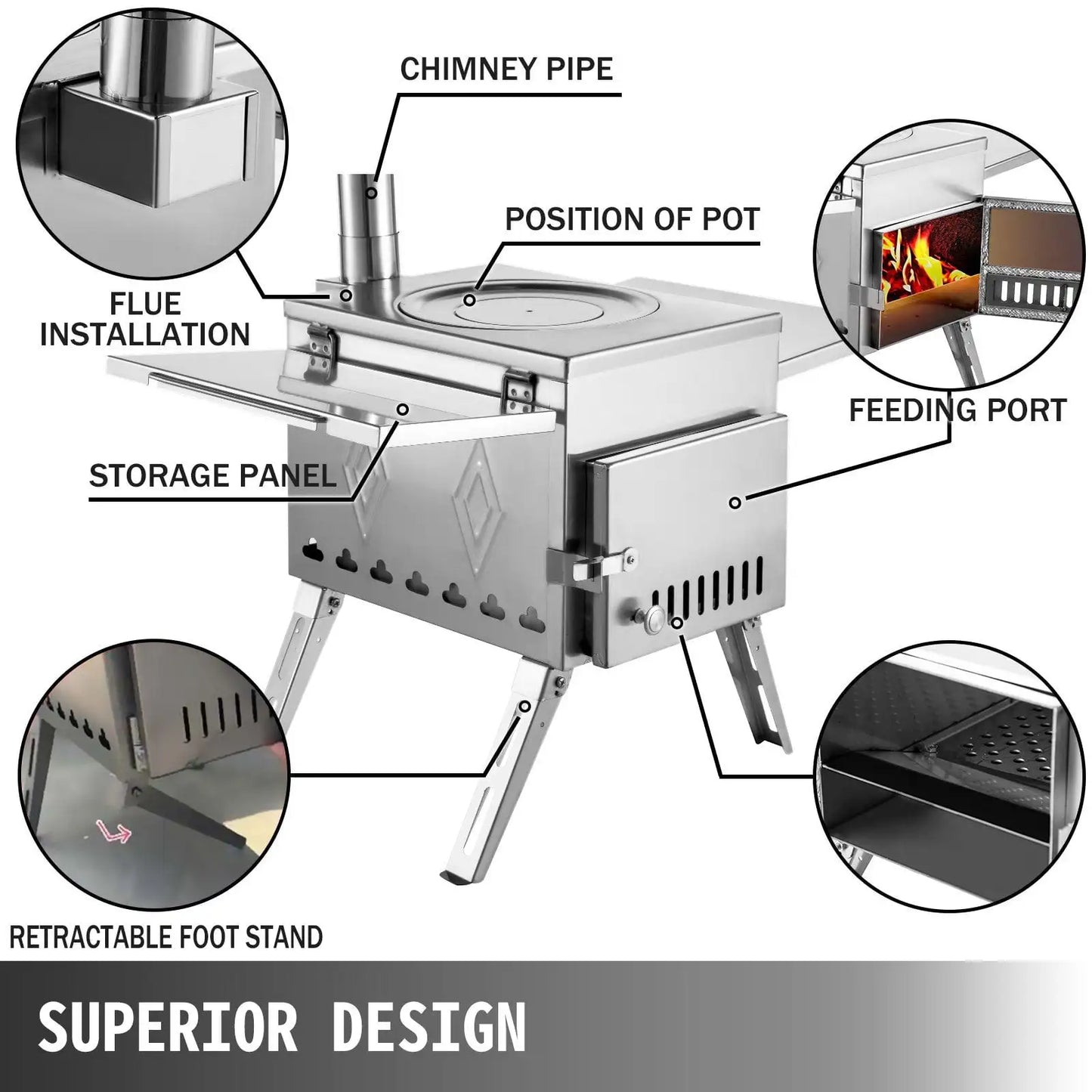 Tent Wood Stove 17.5x14.7x10.6 inch, Camping Wood Stove 304 Stainless Steel With Folding Pipe, Portable Wood Stove 95.7 inch