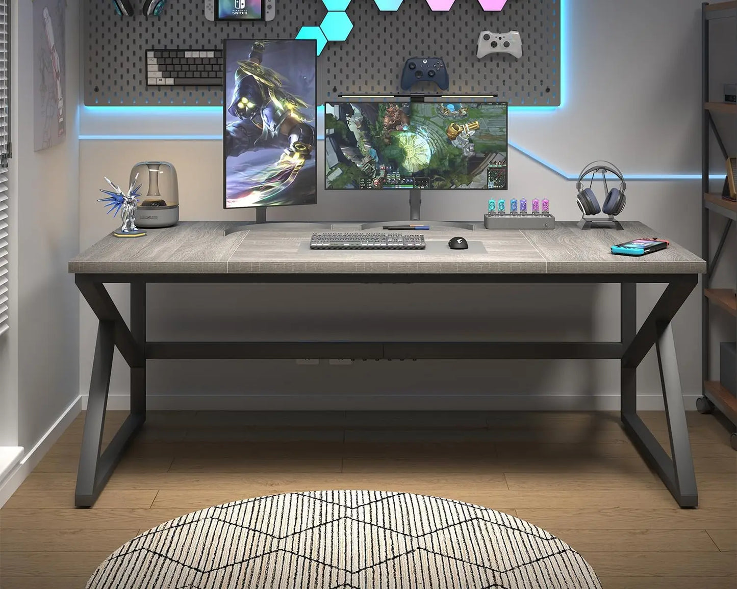 70 Inch Long Grey Desk, Large Home Office Computer Desk for 2 People, Industrial Wood and Metal Executive Work Writing Study