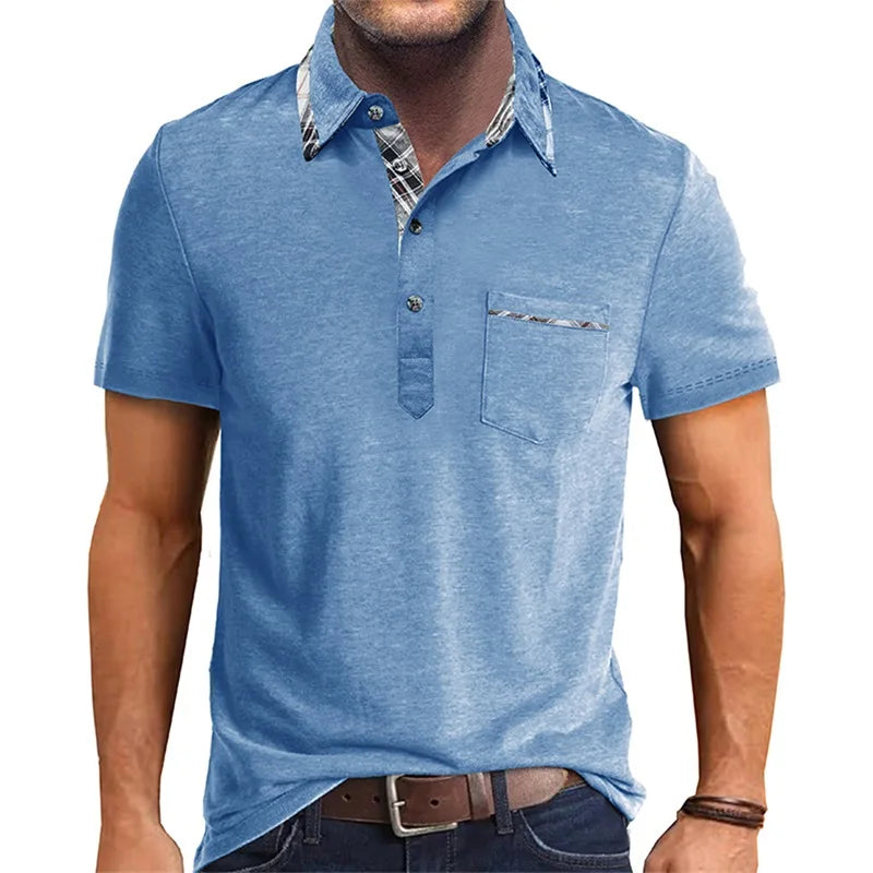 Men Short Sleeve T-Shirts Contrast Plaid Turn-Down Collar Buttons Business Casual Tops Summer Fashion Fit Shirts