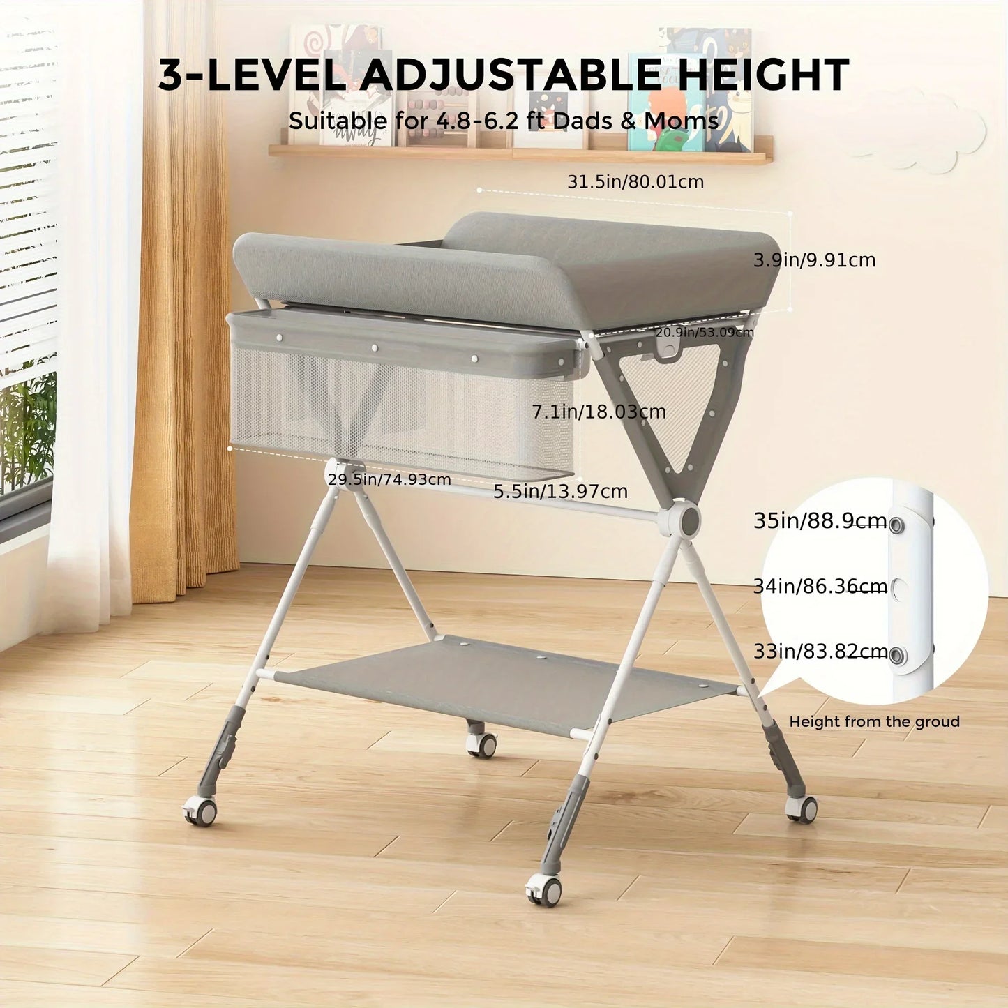 SEJOY Foldable Baby Changing Table Dresser with Wheels with Bottom Rack Side Basket Clothes Rail Infants Portable Diaper Table