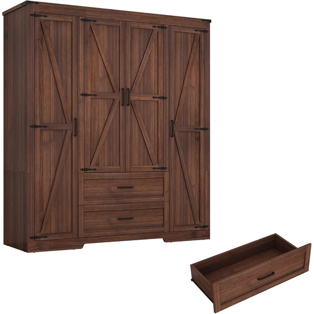 4 Doors Wardrobe Armoire Closet with Doors and Drawers, Farmhouse Wooden Armoire Storage Cabinet with Shelves & Hanging Rod