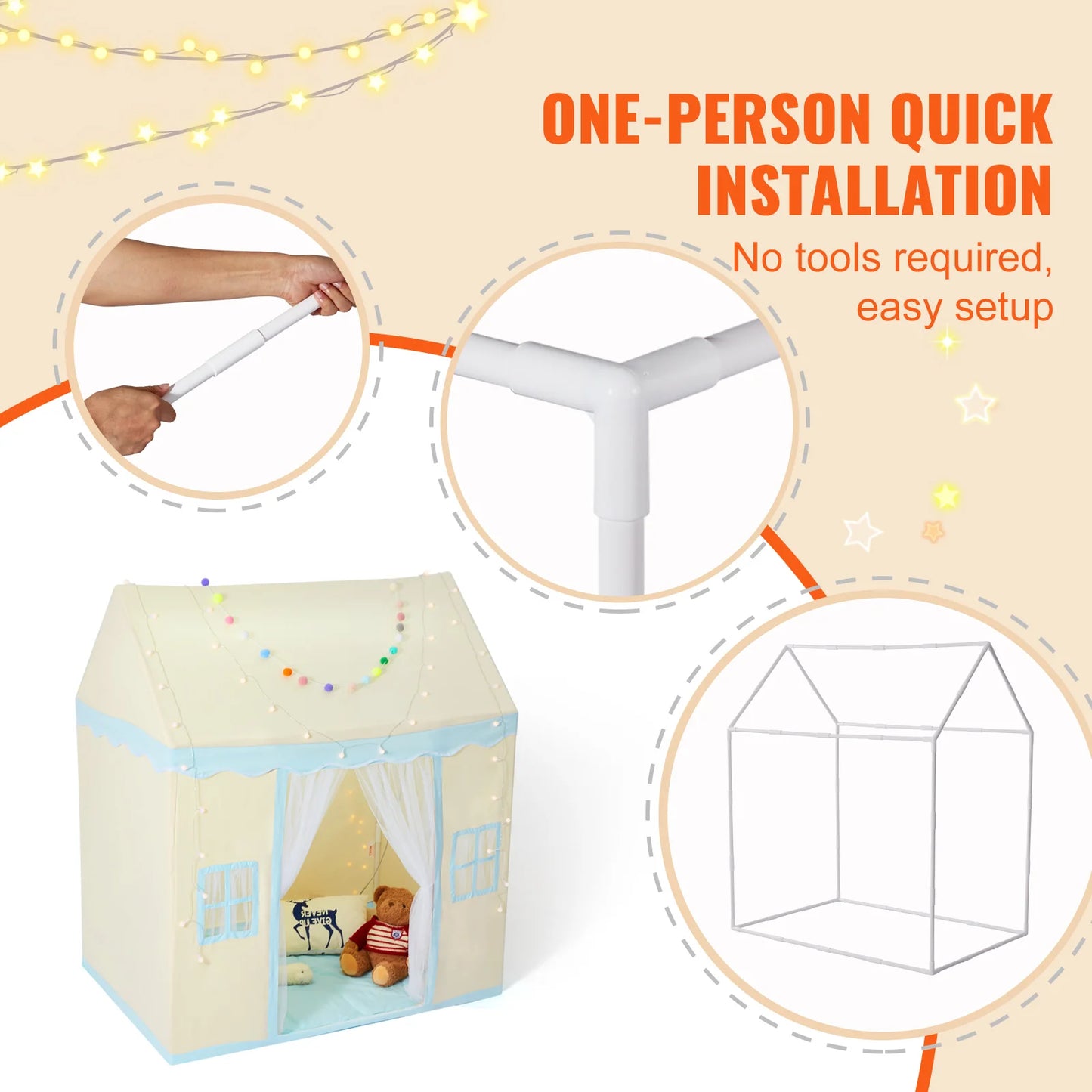 SucceBuy Kid Play Tent Kids Tent for Kids 1-5Year Old Toddler Tent with Mat and Tent Lamp Tent for Kids with Windows Castle Tent
