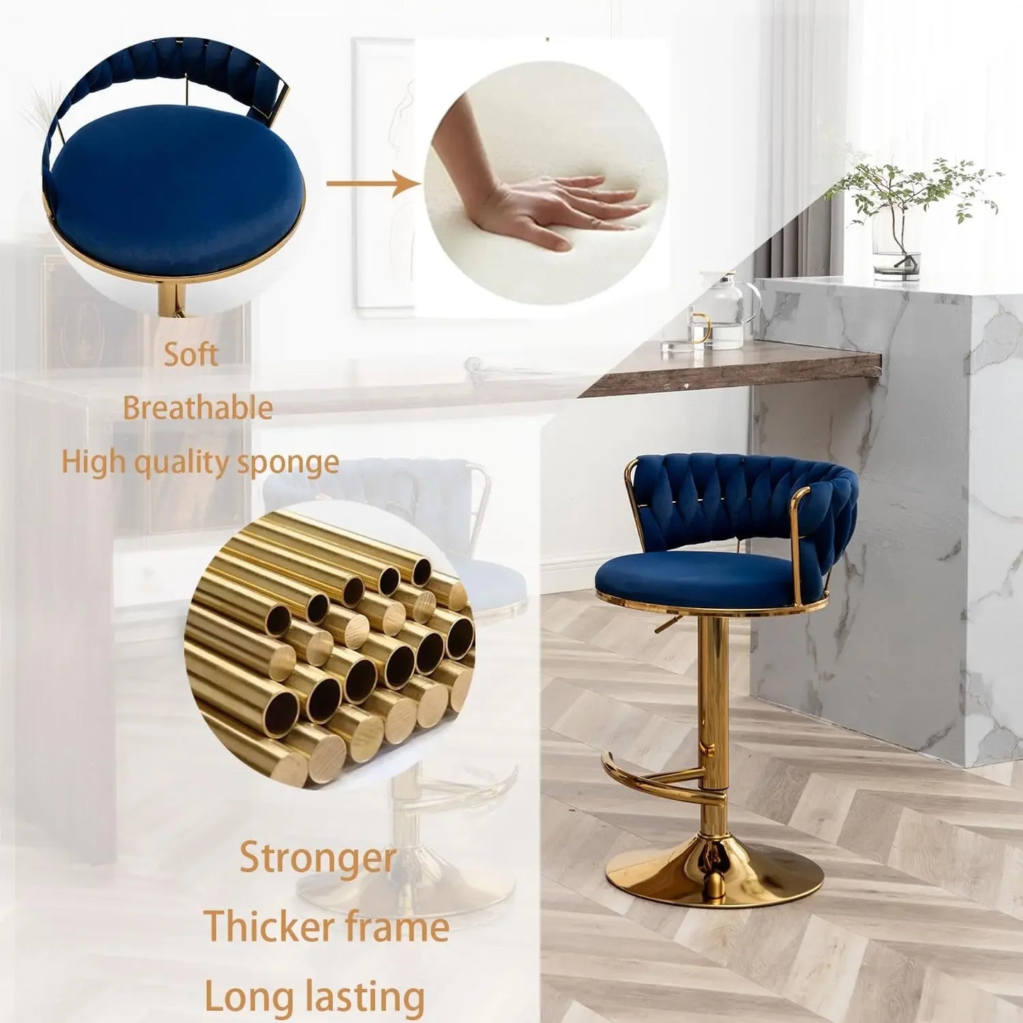 TOP-notch Velvet Bar Stools Set of 3, Counter Height Barstools with Low Back, Gold Swivel Bar Stool for Kitchen Island, Pub (Blu