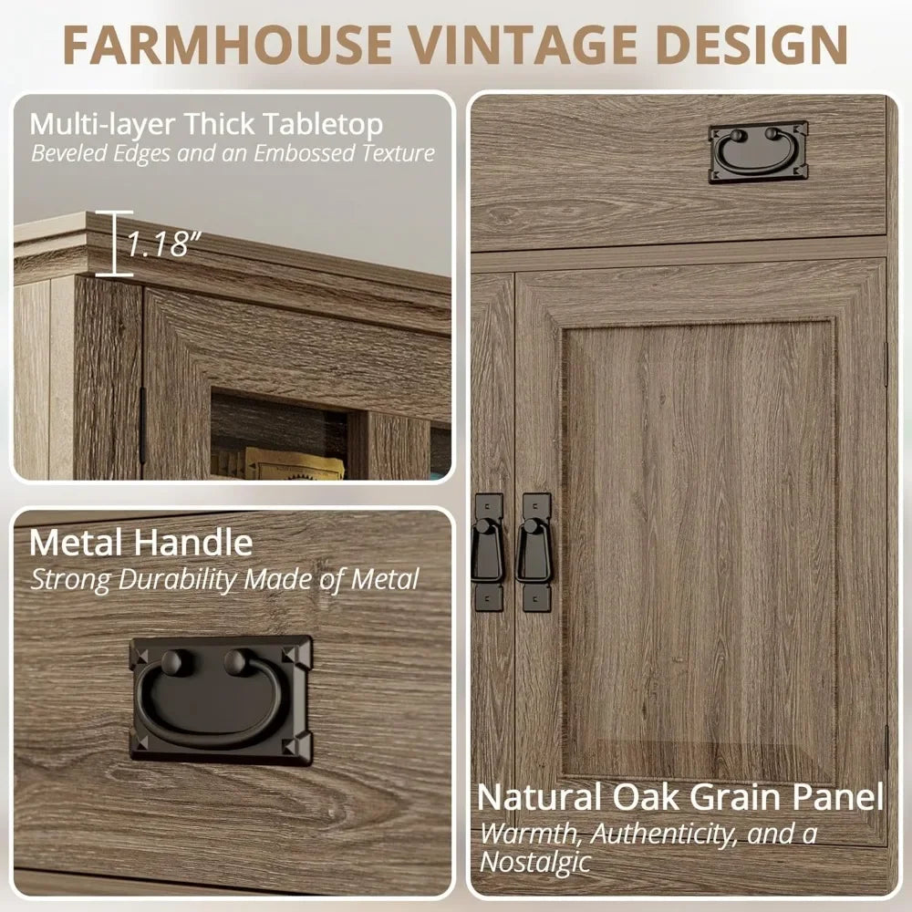 Kitchen Pantry with Power Outlets, Farmhouse Storage Cabinet, Coffee Bar with Glass Doors and Glasses Holder, Large Drawer