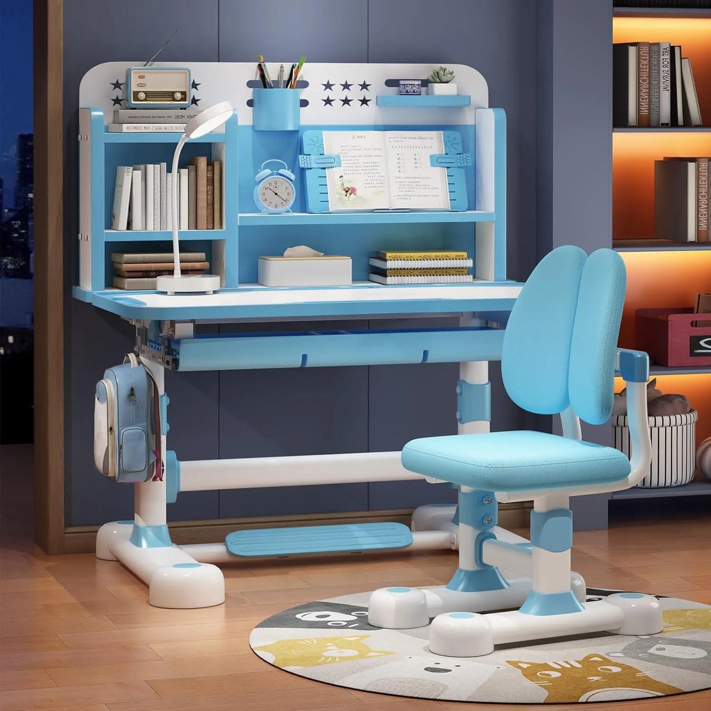 2025 Upgraded Kids Desk and Chair Set, 50 Degree Tiltable&Height Adjustable Kids Desk with Storage Drawers and Bookshelf, Ergono