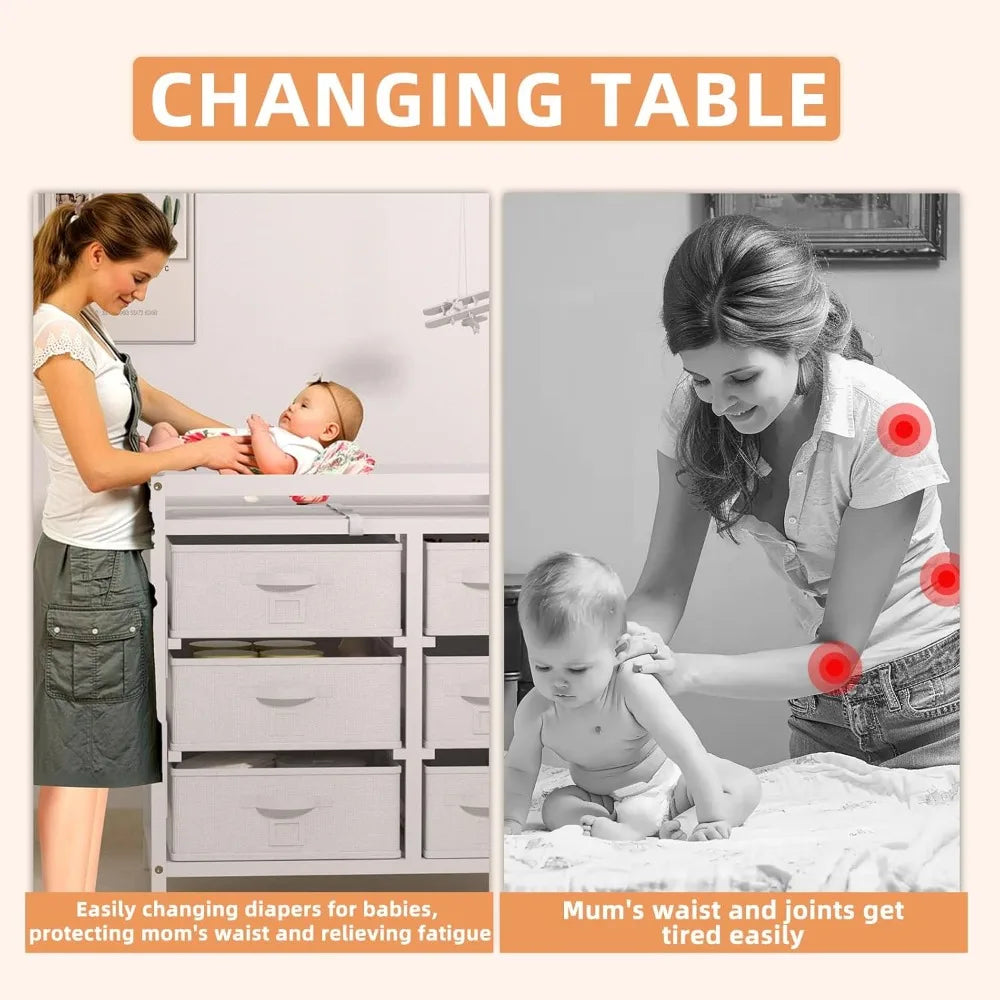 Baby Changing Table Dresser with 6 Storage Drawers and Pad Topper Changing Diaper Station Multifunctional Changing Nursery