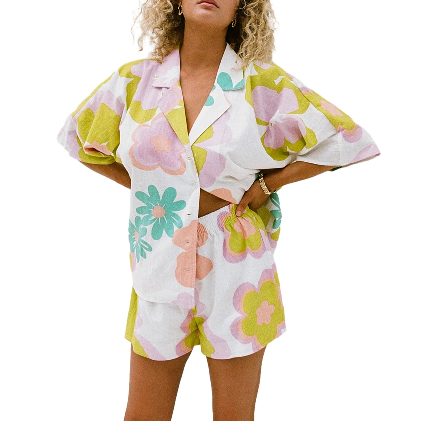 Women Shorts Set Flower Print Short Sleeve Shirt with Elastic Waist Shorts Summer Outfit