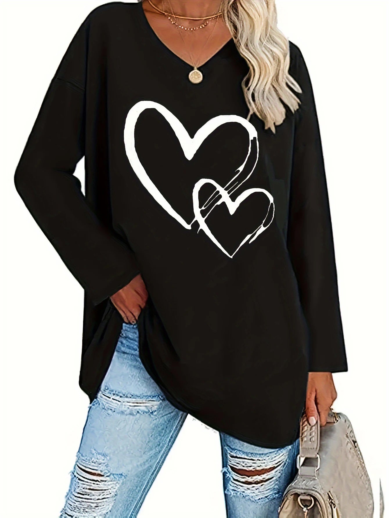 Plus Size Women' s Clothing Black Printed Heart Top Casual V Neck Long Sleeve Top