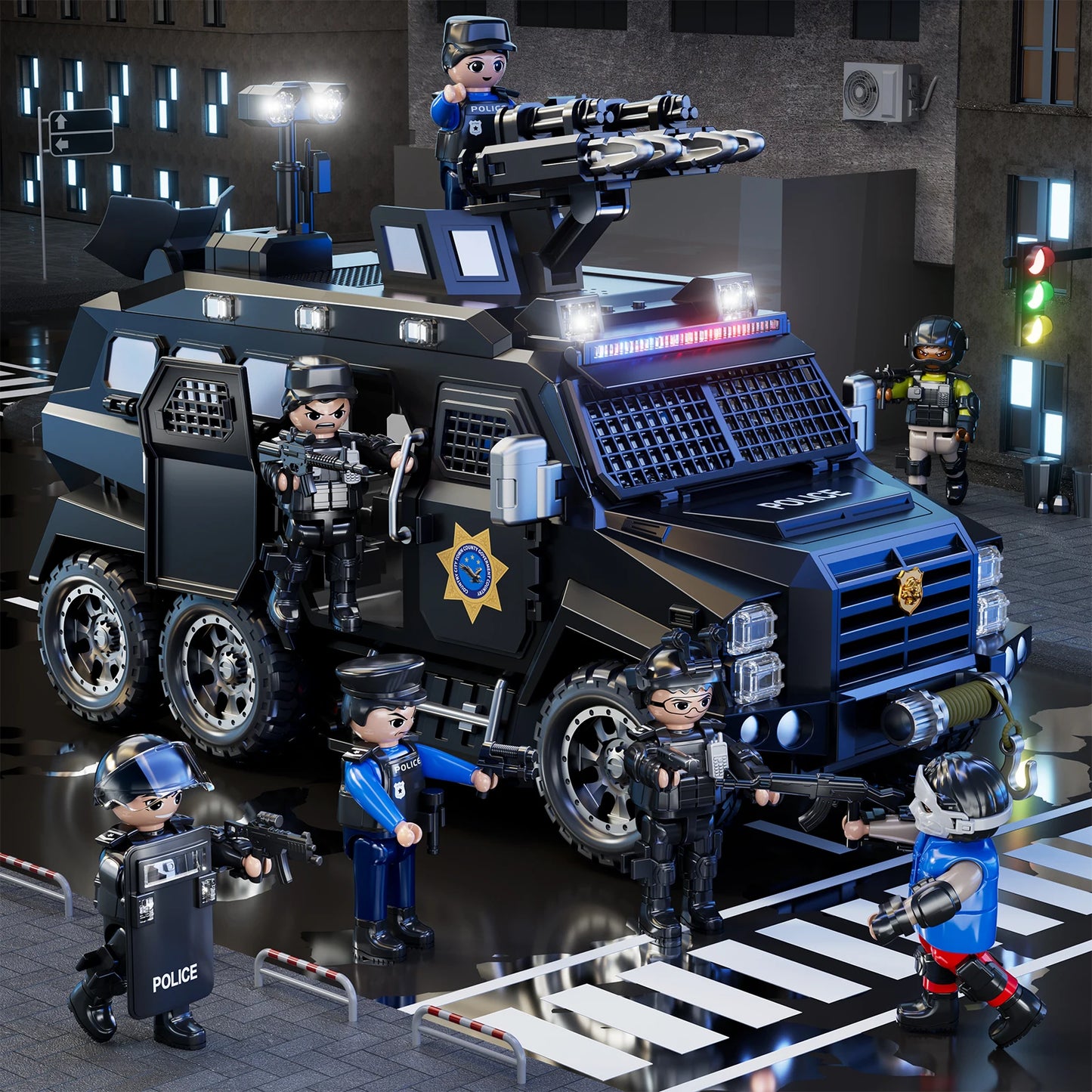 Police Sword Toothed Tiger Explosion Proof Cars Childrens Toys Black Armored Off-Road Vehicles Car Model Sound Light Toys Gifts