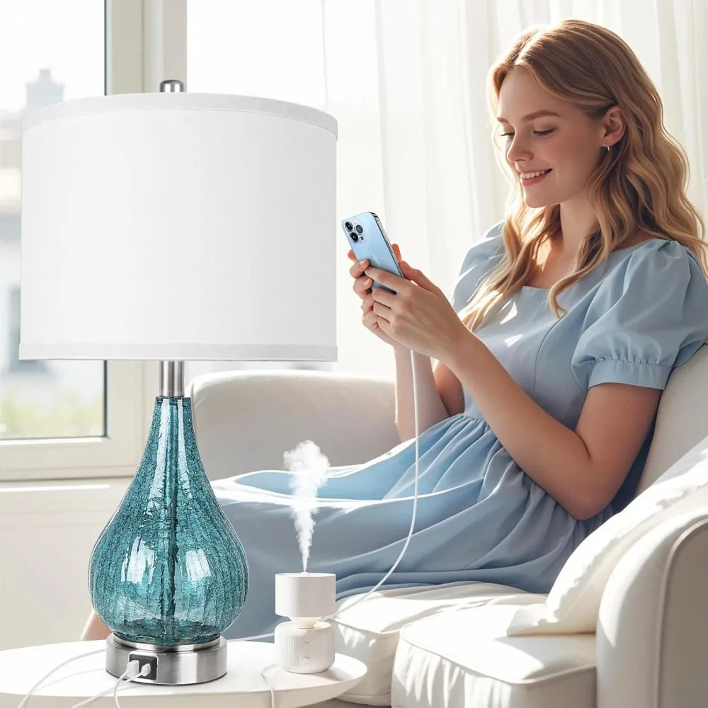 QiMH Glass Table Lamp for Living Room Bedroom Set of 2, 22.5" LED Light with Touch Control, Blue 3 Way Dimmable Modern Bedside L