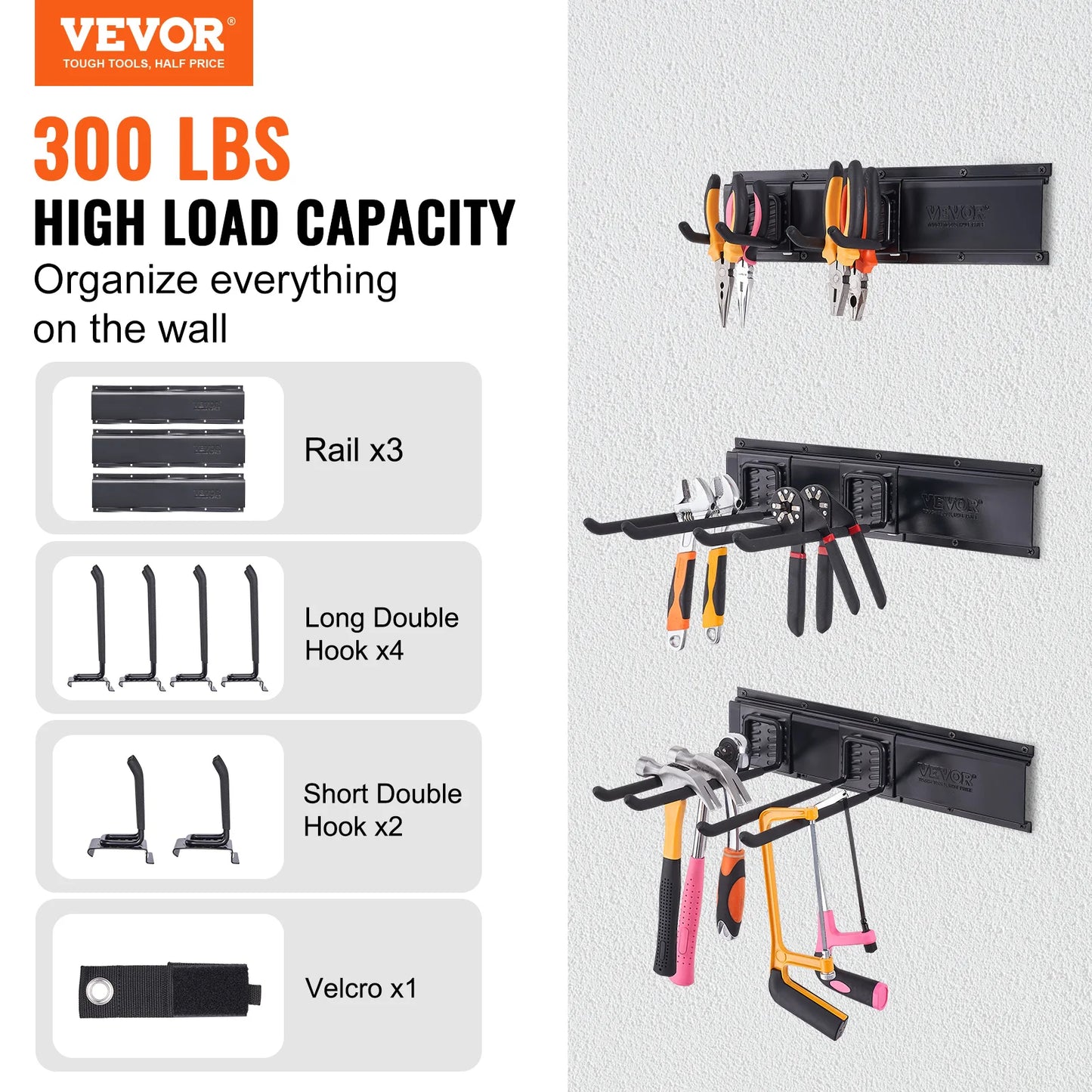 SucceBuy Garage Tool Organizer Wall Mount Yard Garden Heavy Duty Storage Rack W/ Adjustable Hook Rails for Shovels Trimmers Hose