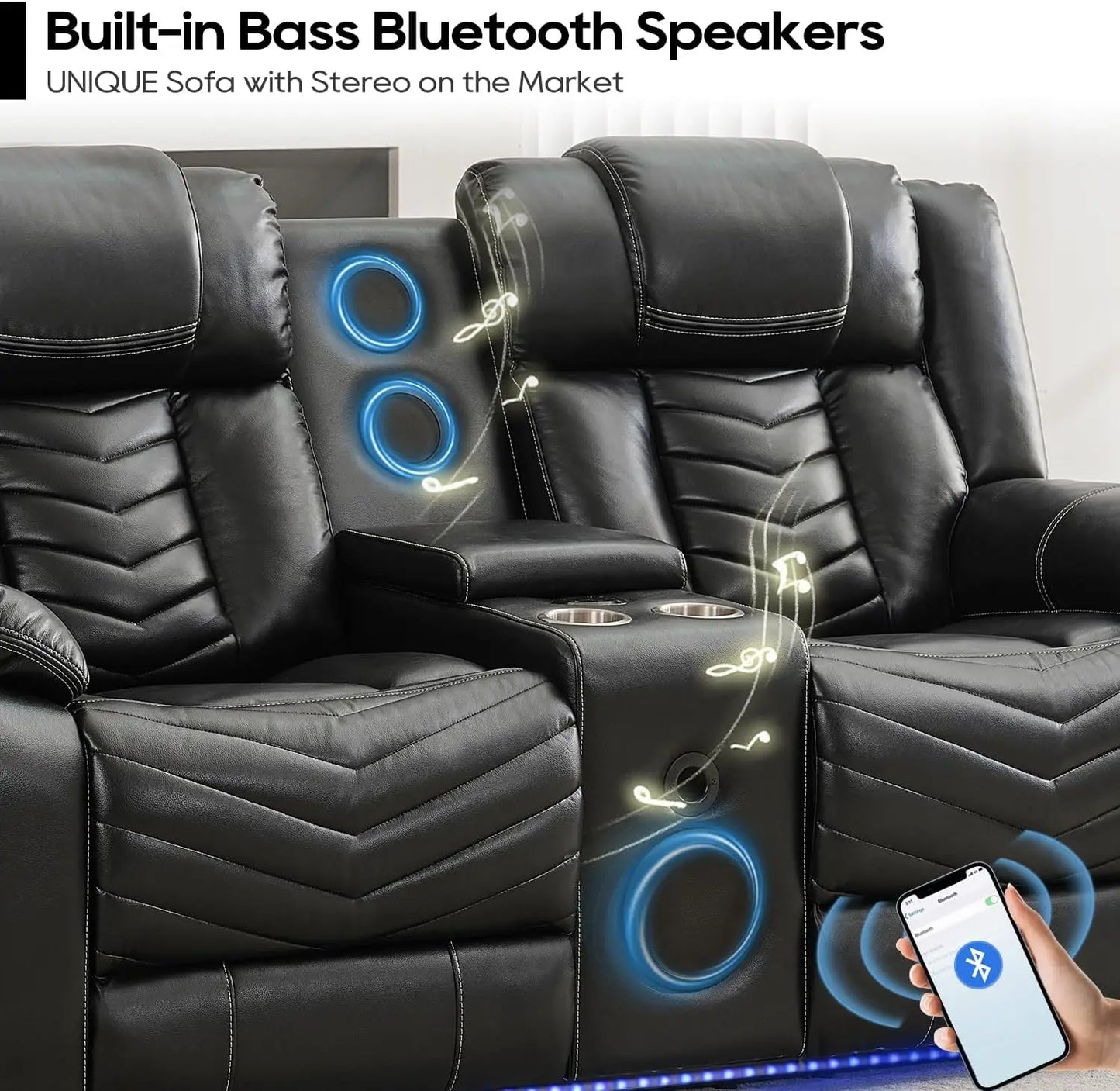 2-Piece Manual Recliner Sofa Set w/ Wireless Charger, Bass Speakers, LED Lights,Faux Leather Reclining Couch for Living Room
